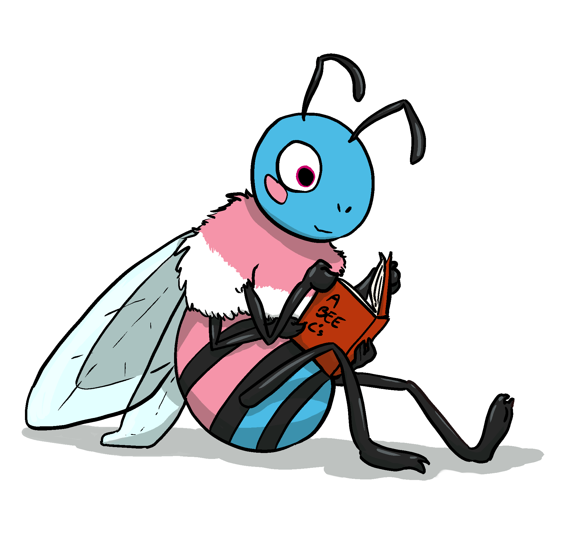 A cartoon bee in trans flag colors sitting and reading a red book, with text on the cover that reads A Bee C's