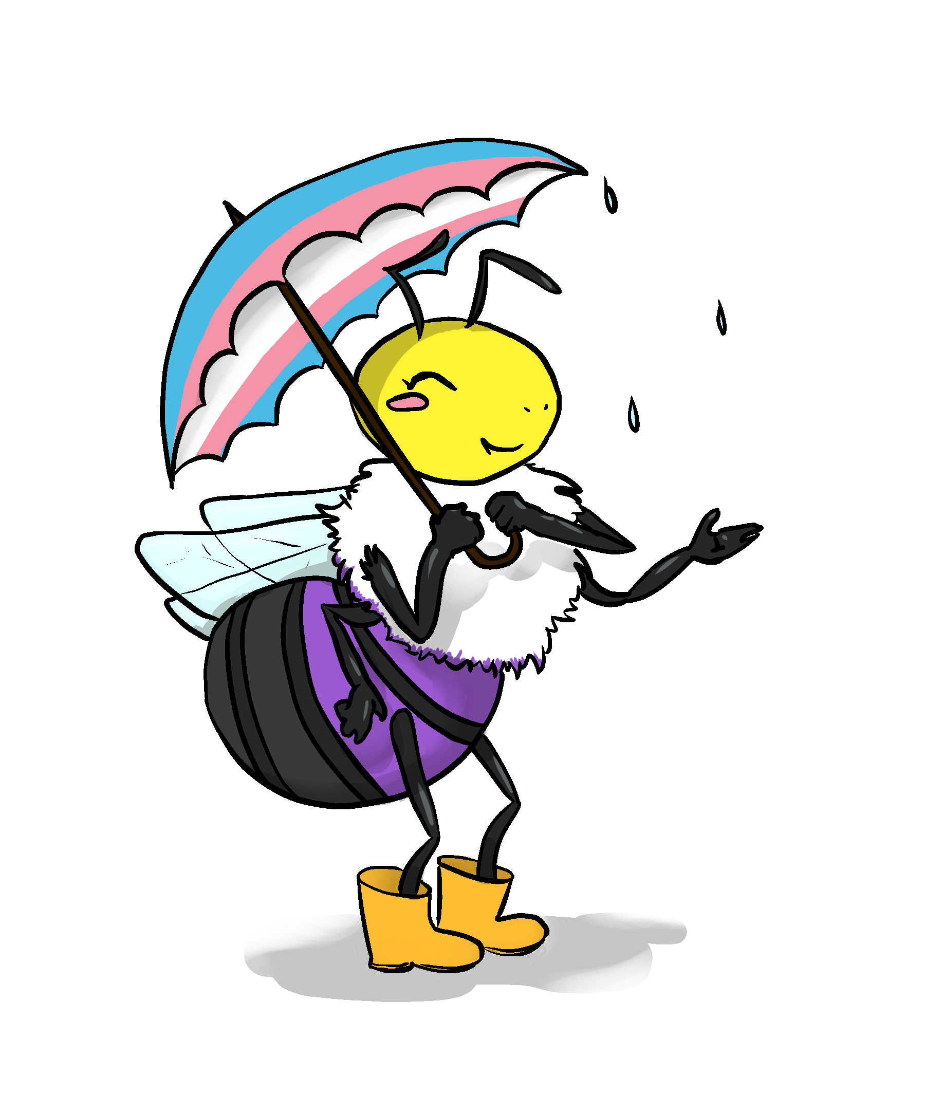 A cartoon bee with nonbinary flag colors holding an umbrella with trans flag colors and wearing yellow galoshes in a light rain