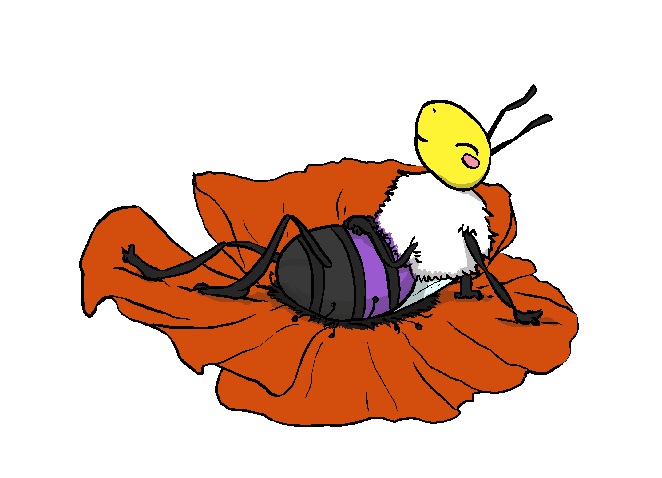 A cartoon bee with nonbinary flag colors relaxing on a russet color flower