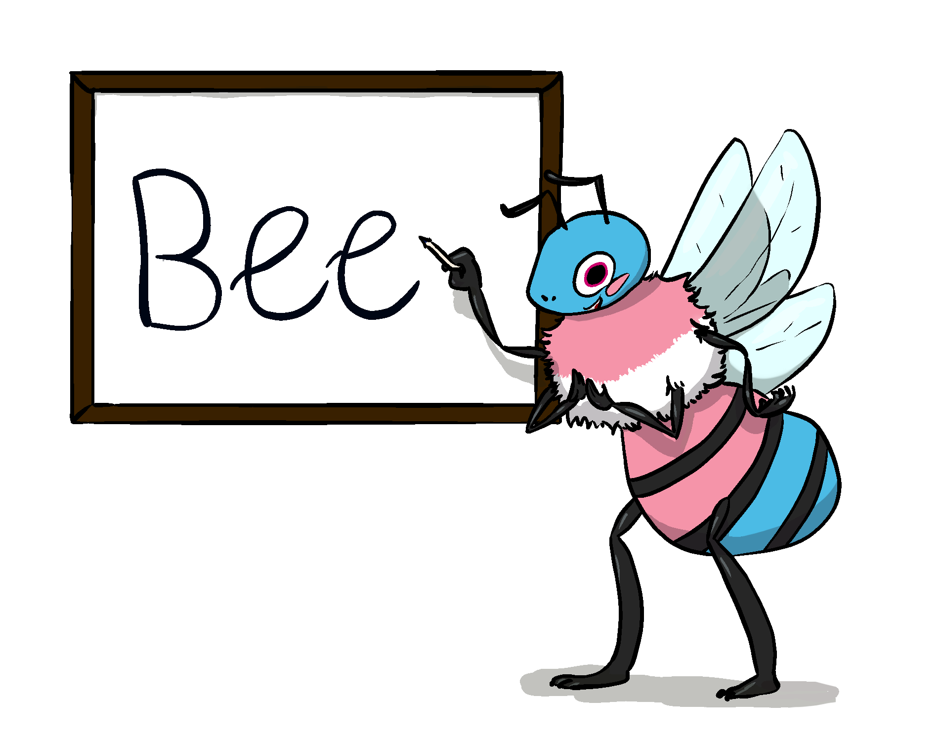 A cartoon bee with trans flag colors writing the word bee on a blackboard